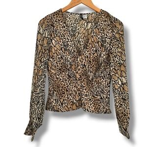 H&M Divided Mixed Animal Print Button Front Smocked‎ Waist Blouse Brown Size 6